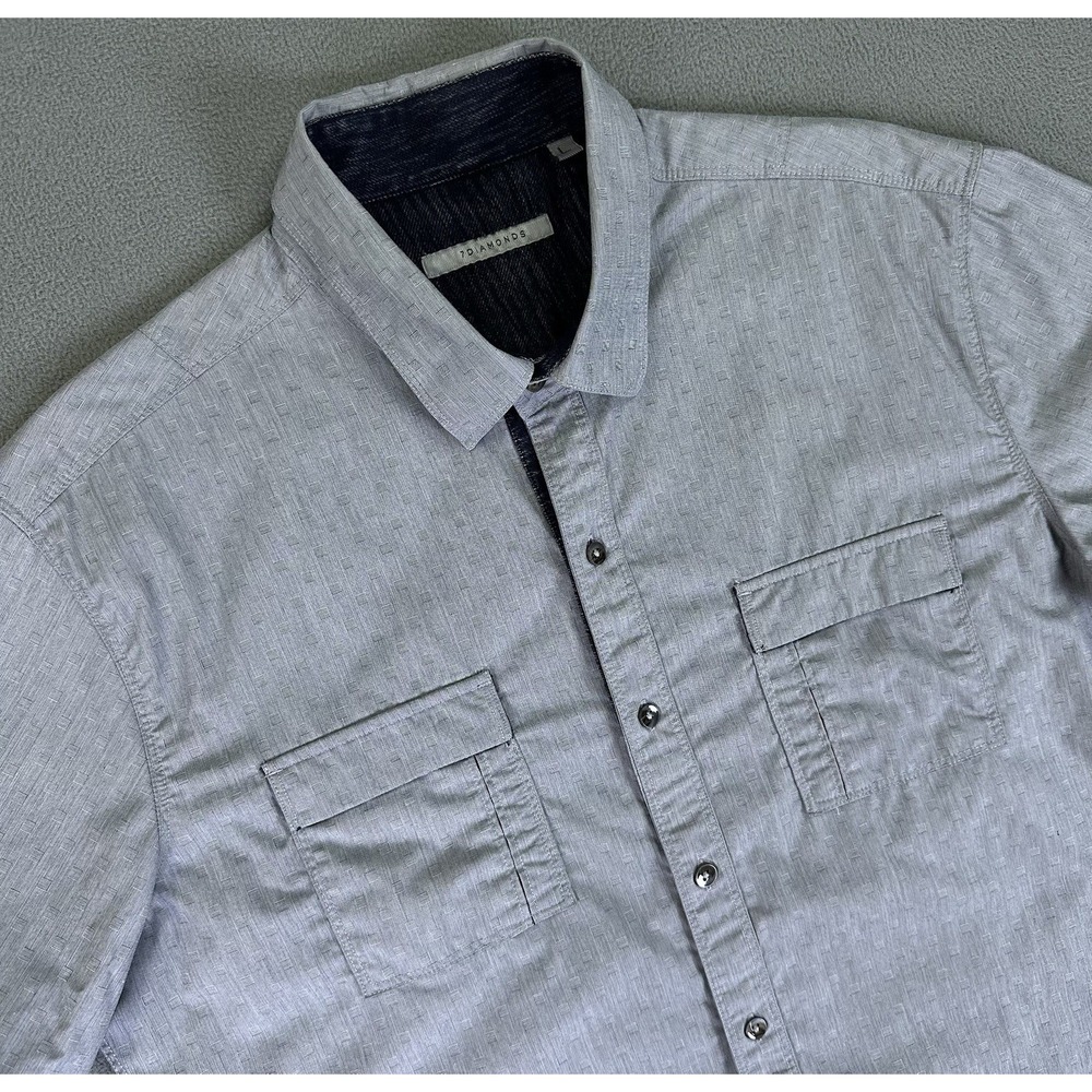7 Diamonds Shirt Mens Large Grey Geometric Jacquard Pocket Front Roll Sleeve